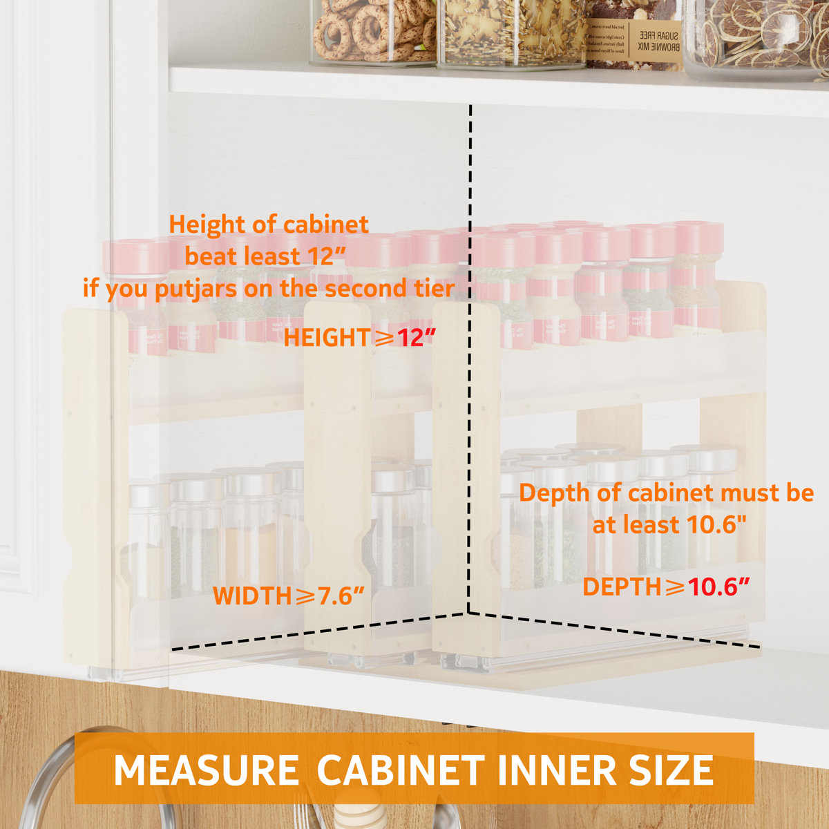Bamboo Pull-out Spice Rack Organizer — Heavy Duty Sliding Cabinet Pantry — 7.6" W, 2-tier, 3 Drawers (2" Wide), Natural